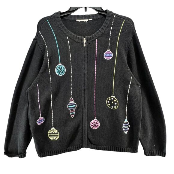 Croft & Barrow Cardigan Women L Black Embroider Sequin Holiday Zip Ugly Sweater - Picture 1 of 12